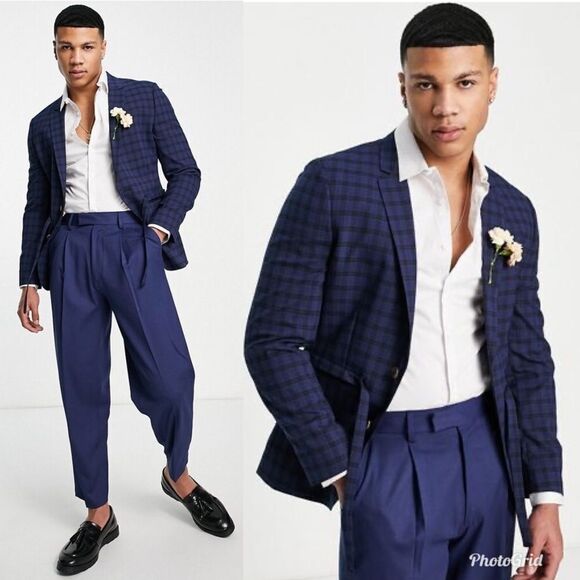 ASOS DESIGN skinny suit belted jacket with dark blue windowpane check - Picture 1 of 10